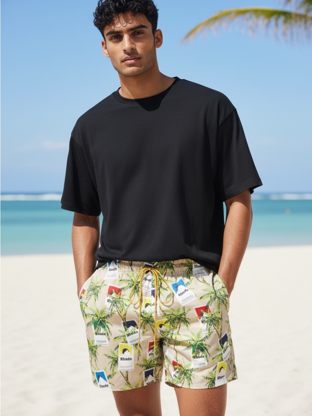 Rhude Cigarette Box Allover Print Swim Trunk Shorts
